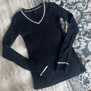 Y2K Tommy Hilfiger Navy Blue V-Neck Slim Fit Long Sleeve Top